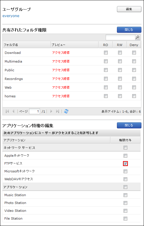 QNAPユーザアクセス権設定